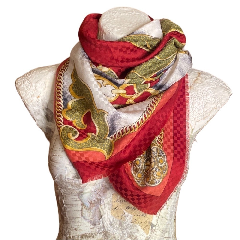 NWT Nordstrom made in Italy red green gold large square 35x35 wrap scarf shawl